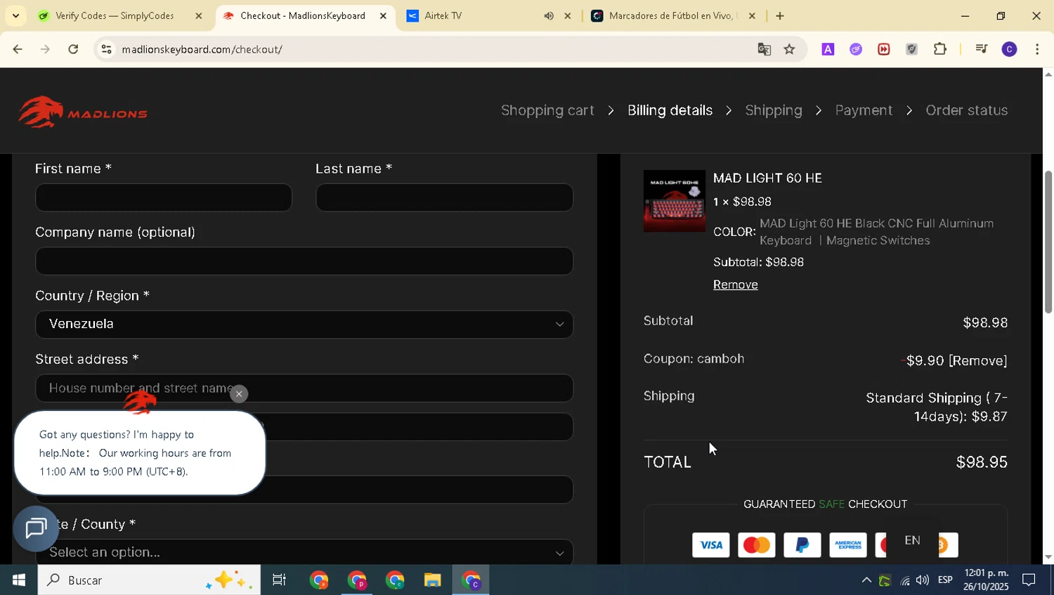 Madlions coupon code screenshot showing code CAMBOH applied at Madlions checkout page. Uploaded by SimplyCodes community member alexanderarnold on Oct 26, 2025
