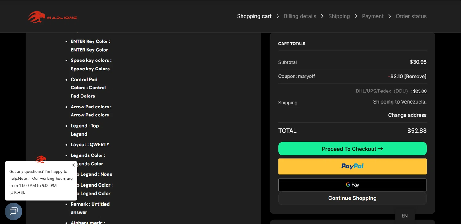 Madlions coupon code screenshot showing code MARYOFF applied at Madlions checkout page. Uploaded by SimplyCodes community member MagnifiHero3476 on Jan 11, 2026