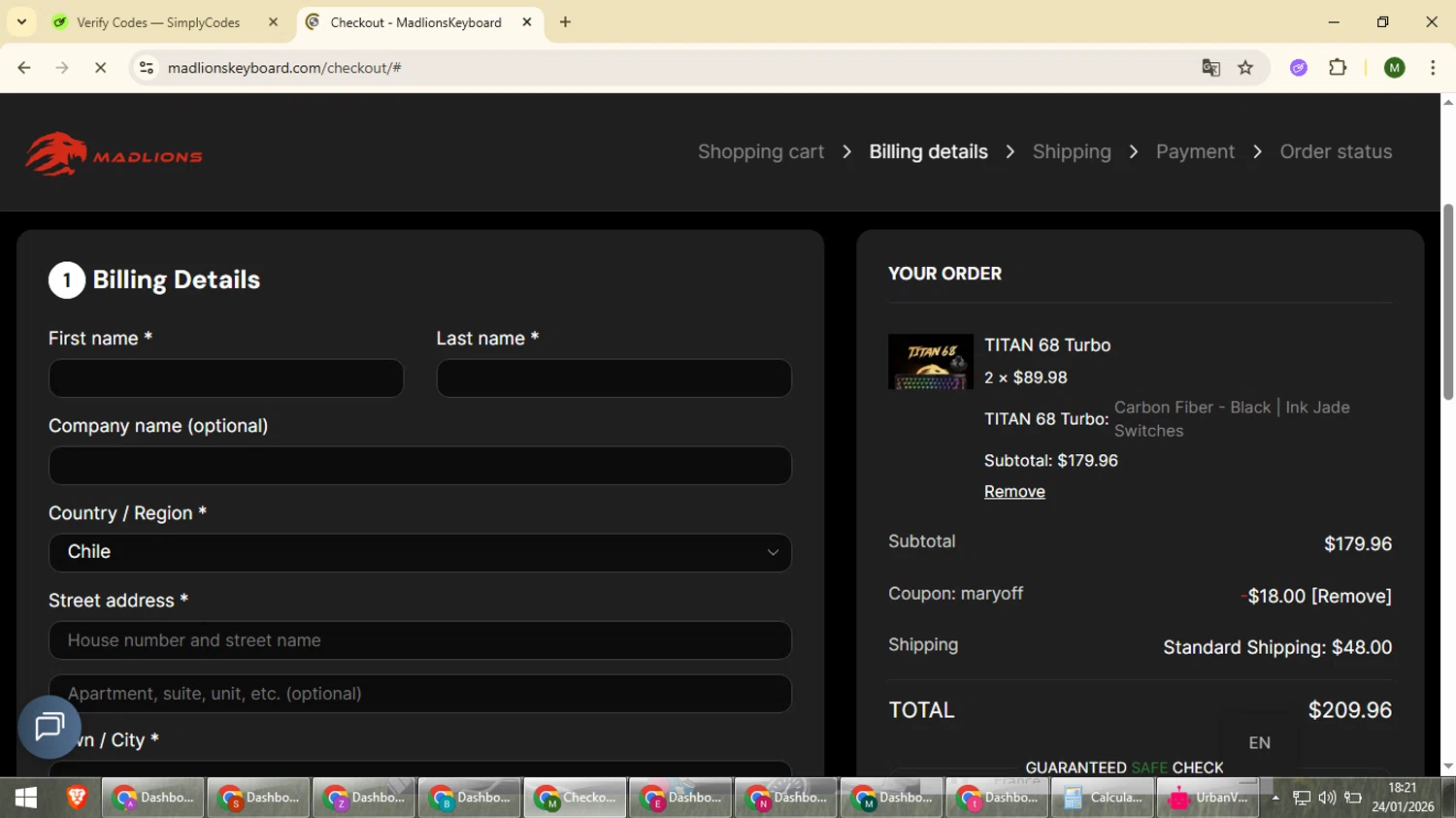 Madlions checkout page showing Madlions coupon code box | Screenshot taken by SimplyCodes community member on Jan 24, 2026