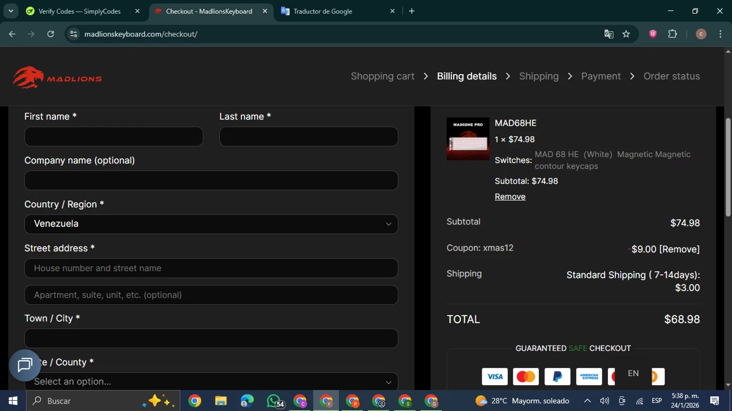 Madlions coupon code screenshot showing code xmas12 applied at Madlions checkout page. Uploaded by SimplyCodes community member NobleExpert6497 on Jan 24, 2026