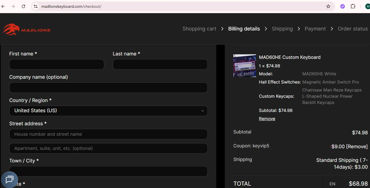 Madlions promo code screenshot showing code KEYVIP5 applied at Madlions checkout page. Uploaded by SimplyCodes community member GloriousCollector9521 on Jun 2, 2026