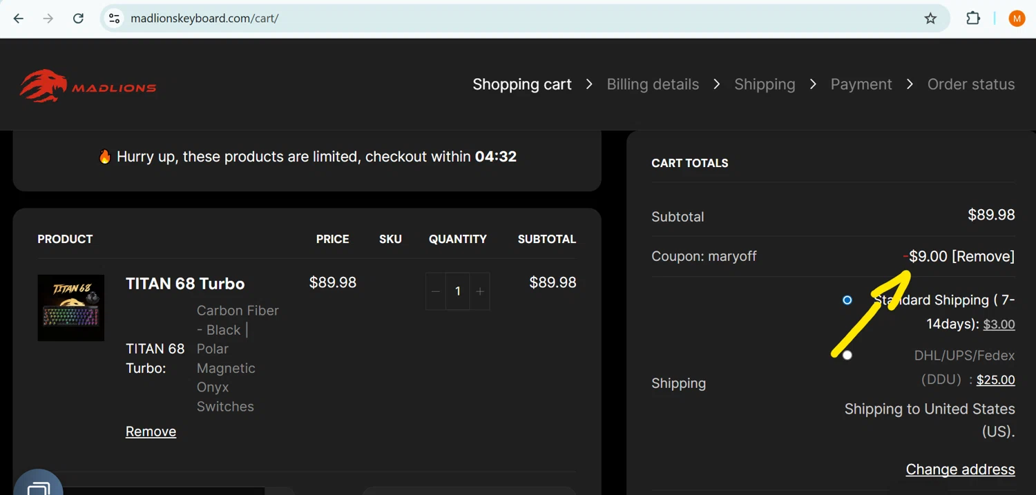 Madlions coupon code screenshot showing code MARYOFF applied at Madlions checkout page. Uploaded by SimplyCodes community member PennyLegend2134 on Nov 14, 2025