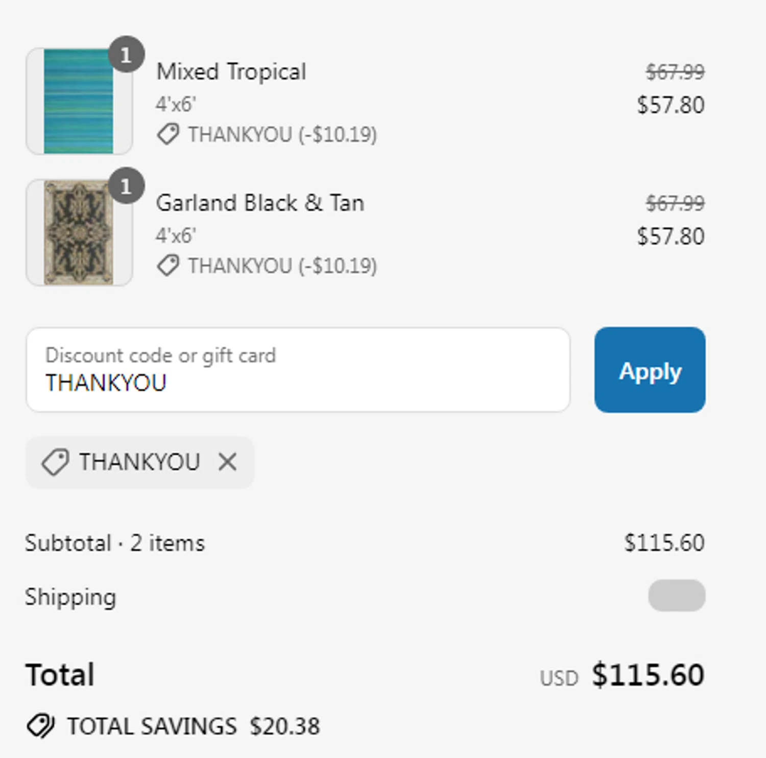 Mad Mats discount code screenshot showing code THANKYOU applied at Mad Mats checkout page. Uploaded by SimplyCodes community member MoneyVoyager6841 on Jul 14, 2025