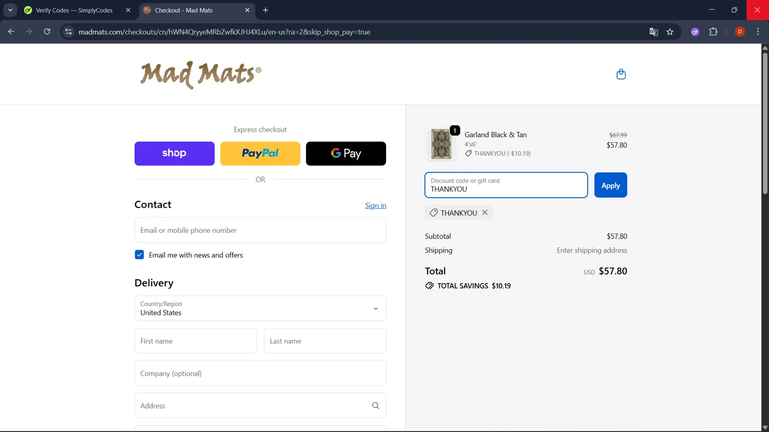 Mad Mats discount code screenshot showing code THANKYOU applied at Mad Mats checkout page. Uploaded by SimplyCodes community member RoyalSaver3150 on Oct 23, 2025