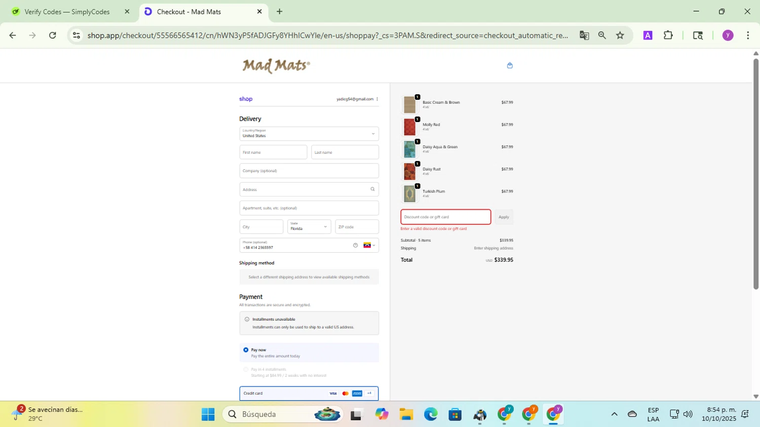 Mad Mats discount code screenshot showing code PRIME15 applied at Mad Mats checkout page. Uploaded by SimplyCodes community member yadicg054 on Oct 11, 2025