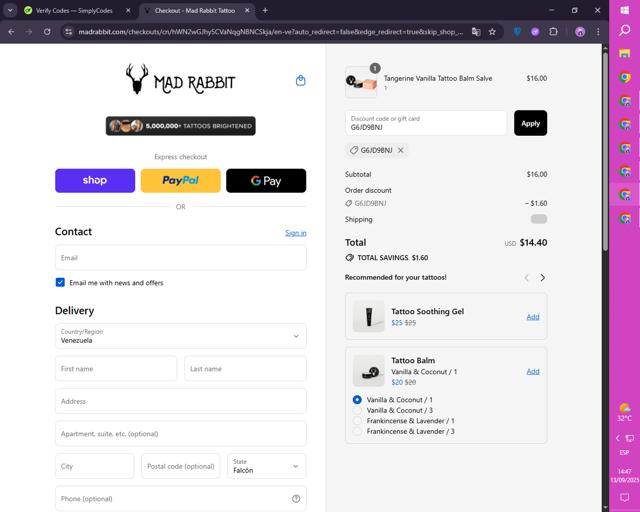 Mad Rabbit Tattoo checkout page showing Mad Rabbit Tattoo discount code box | Screenshot taken by SimplyCodes community member on Sep 13, 2025