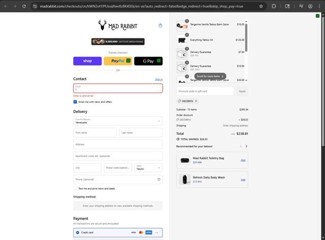 Mad Rabbit Tattoo checkout page showing Mad Rabbit Tattoo discount code box | Screenshot taken by SimplyCodes community member on Sep 13, 2025