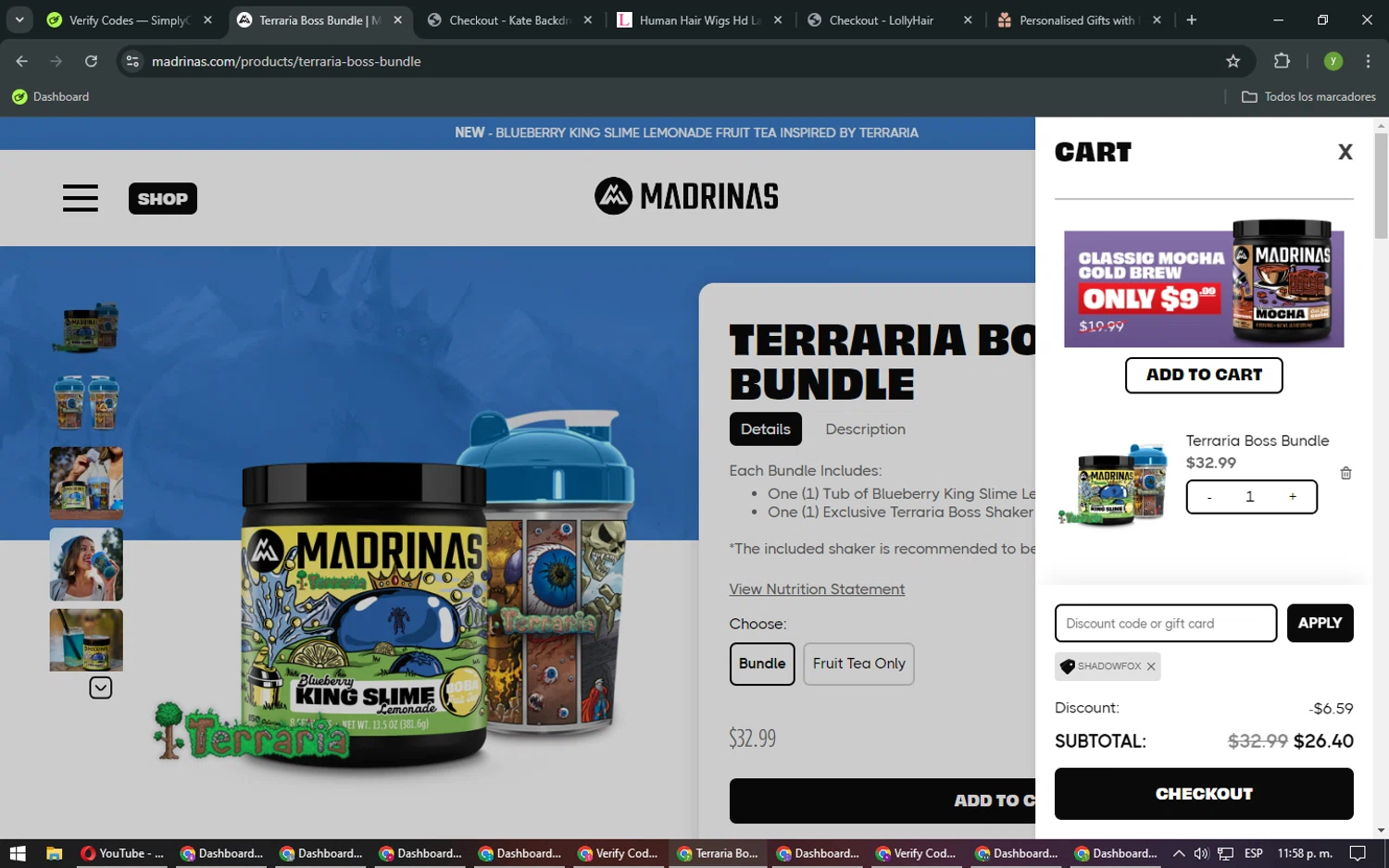 Madrinas discount code screenshot showing code SHADOWFOX applied at Madrinas checkout page. Uploaded by SimplyCodes community member NobleMaestro676 on Jan 16, 2025