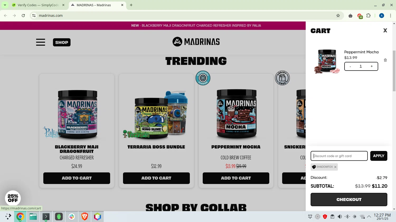Madrinas discount code screenshot showing code SHADOWFOX applied at Madrinas checkout page. Uploaded by SimplyCodes community member RoyalScout4450 on Jan 29, 2025