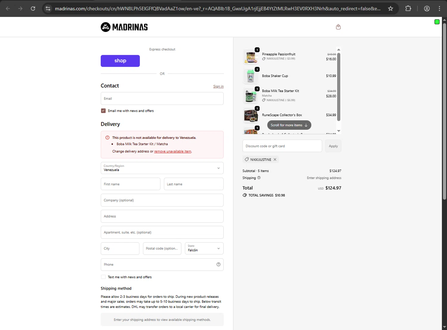 Madrinas checkout page showing Madrinas discount code box | Screenshot taken by SimplyCodes community member on Feb 3, 2026