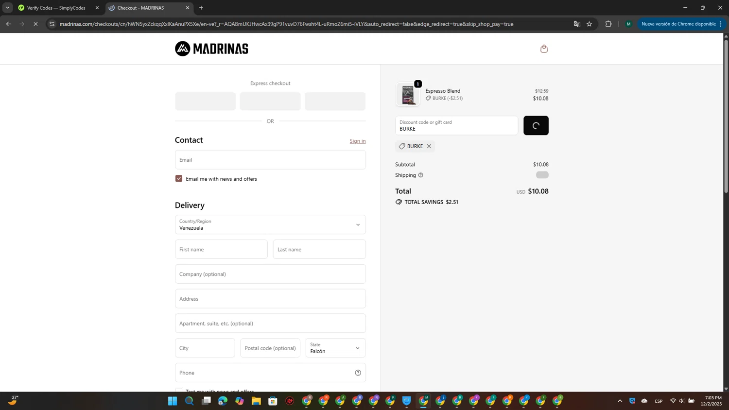 Madrinas discount code screenshot showing code BURKE applied at Madrinas checkout page. Uploaded by SimplyCodes community member MDLECHUZA on Dec 2, 2025