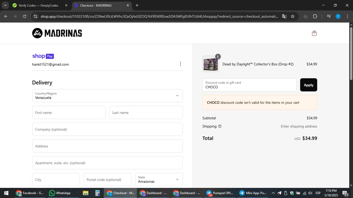 Madrinas discount code screenshot showing code CHOCO applied at Madrinas checkout page. Uploaded by SimplyCodes community member hankt1521 on May 19, 2025