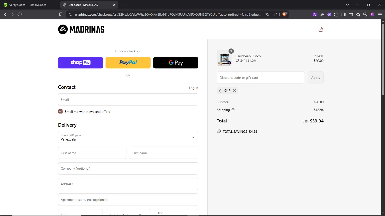 Madrinas discount code screenshot showing code G4P applied at Madrinas checkout page. Uploaded by SimplyCodes community member Morrachida04 on Jun 18, 2025