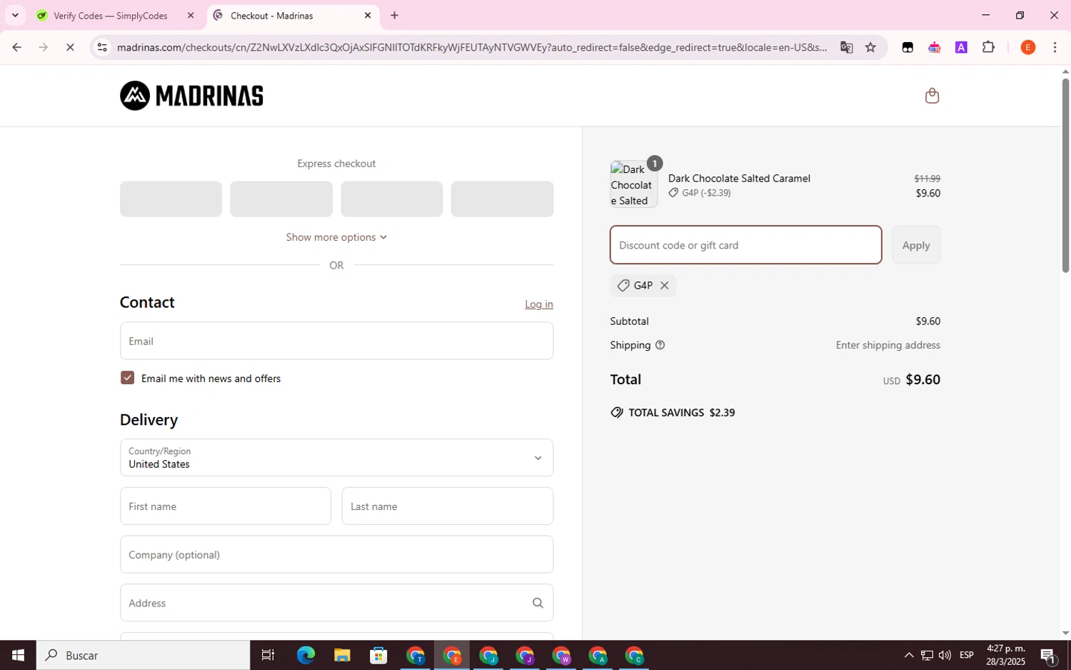 Madrinas discount code screenshot showing code G4P applied at Madrinas checkout page. Uploaded by SimplyCodes community member BrilliantSage8401 on Mar 28, 2025