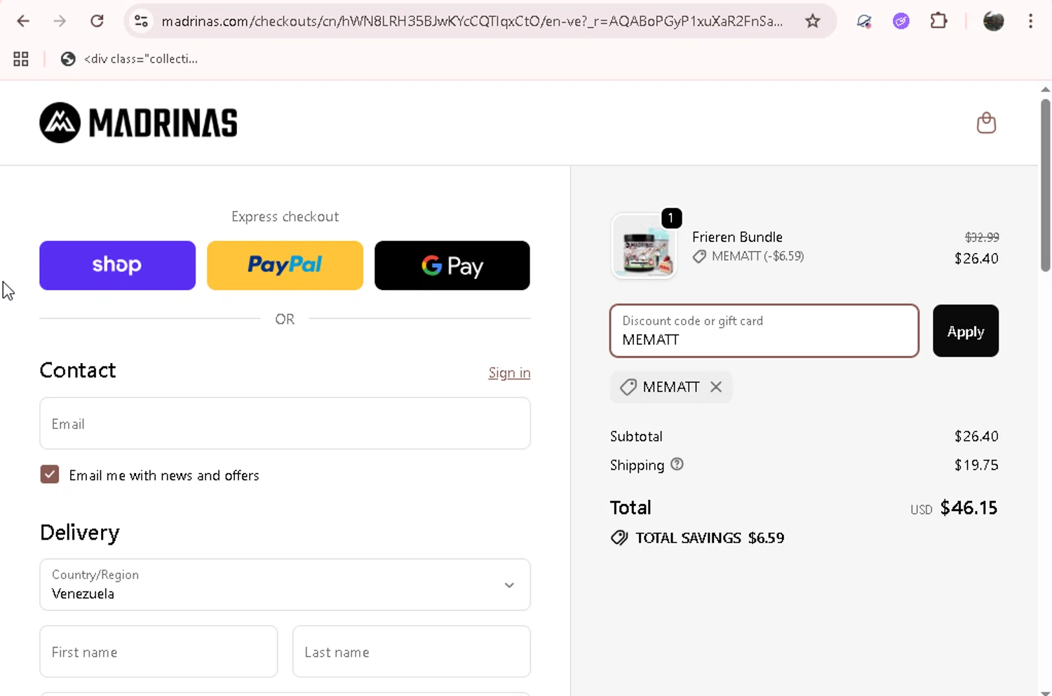 Madrinas checkout page showing Madrinas discount code box | Screenshot taken by SimplyCodes community member on Feb 3, 2026