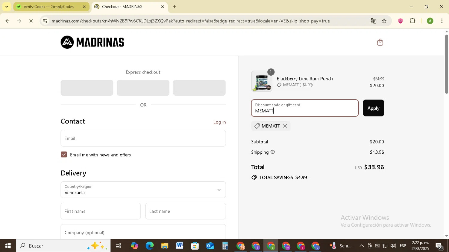 Madrinas discount code screenshot showing code MEMATT applied at Madrinas checkout page. Uploaded by SimplyCodes community member SavingsSentinel833 on Aug 24, 2025