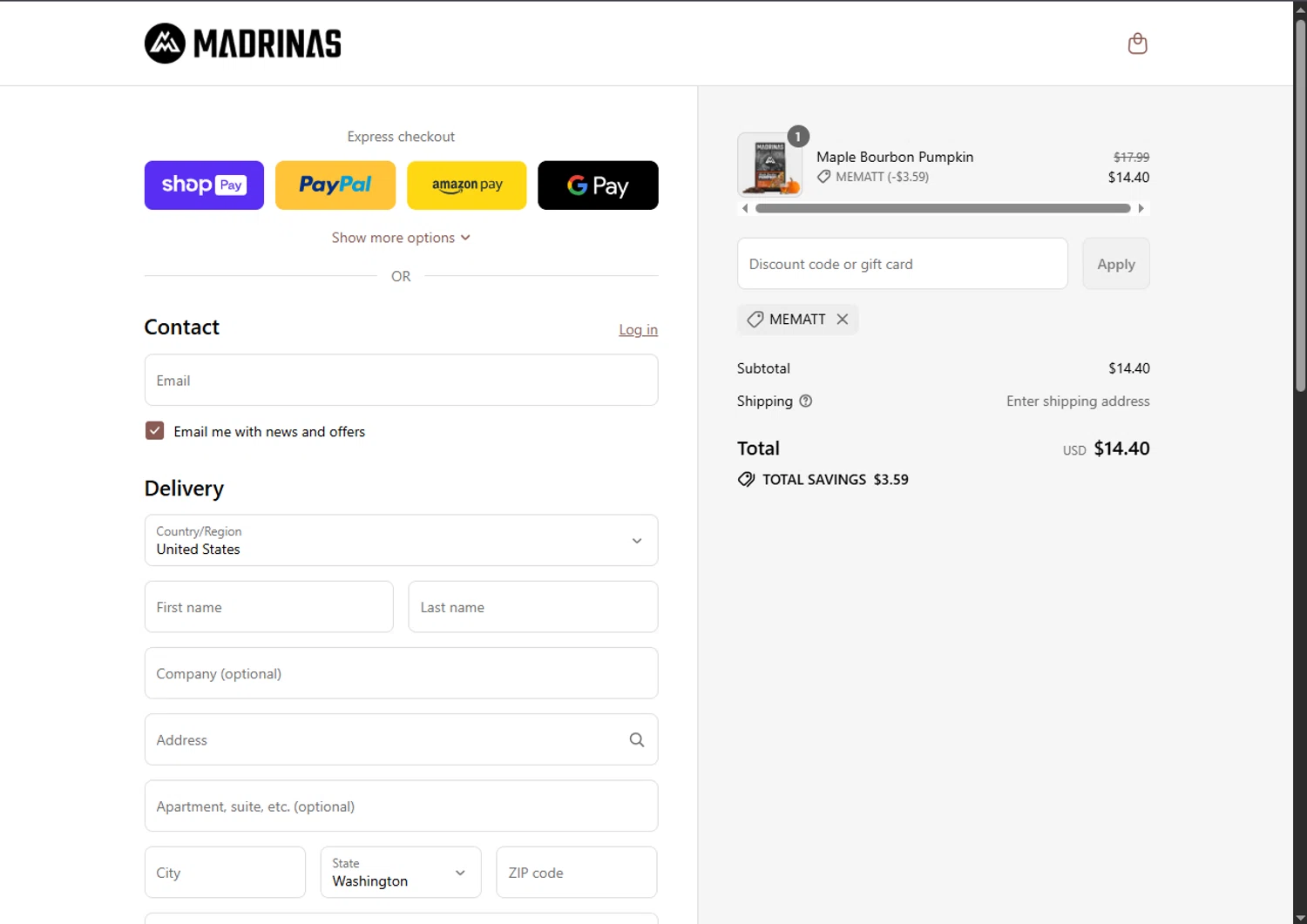 Madrinas discount code screenshot showing code MEMATT applied at Madrinas checkout page. Uploaded by SimplyCodes community member VoucherFinder3467 on Aug 7, 2025