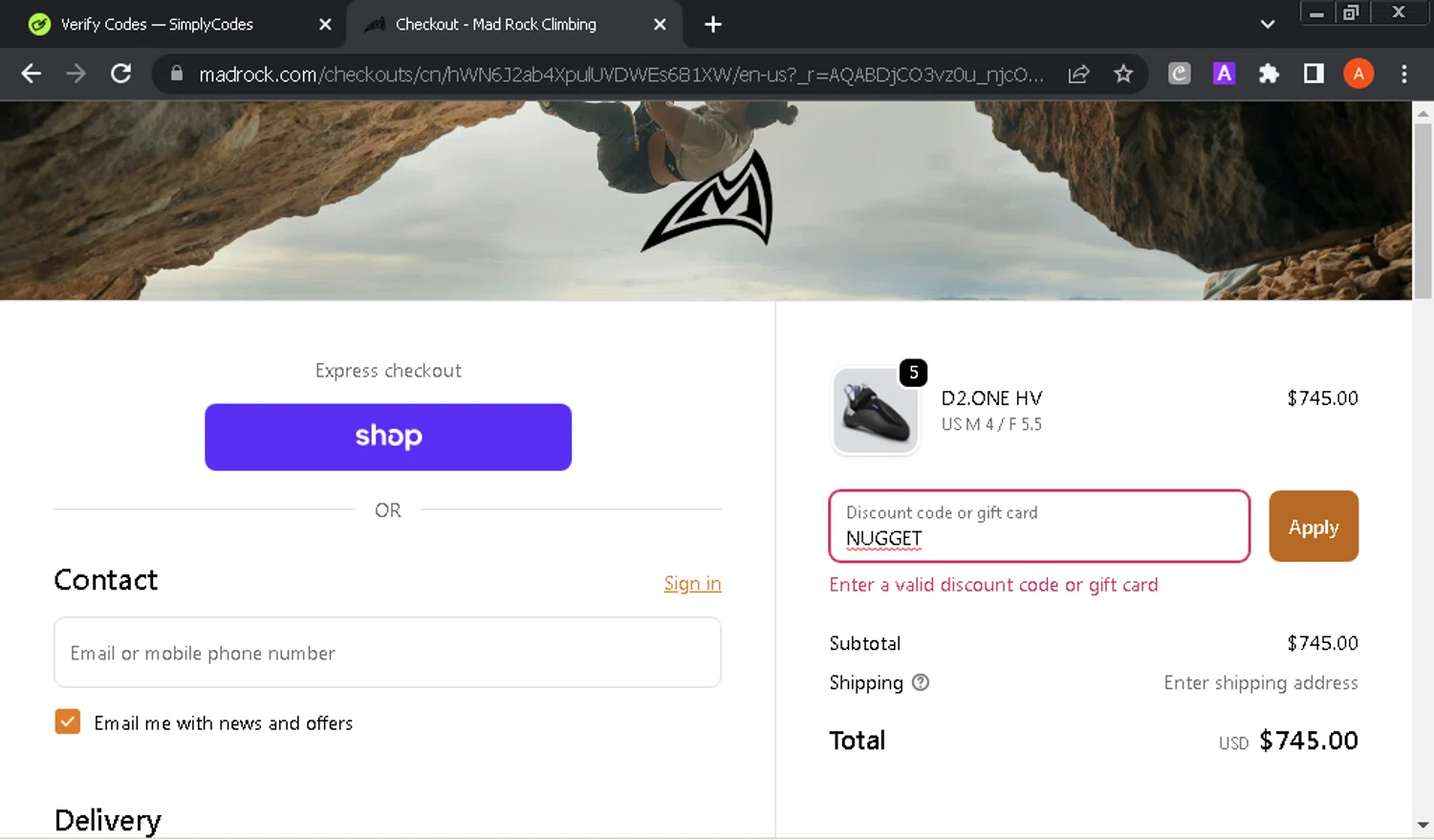 Mad Rock discount code screenshot showing code NUGGET applied at Mad Rock checkout page. Uploaded by SimplyCodes community member GloriousOwl8819 on Dec 11, 2025