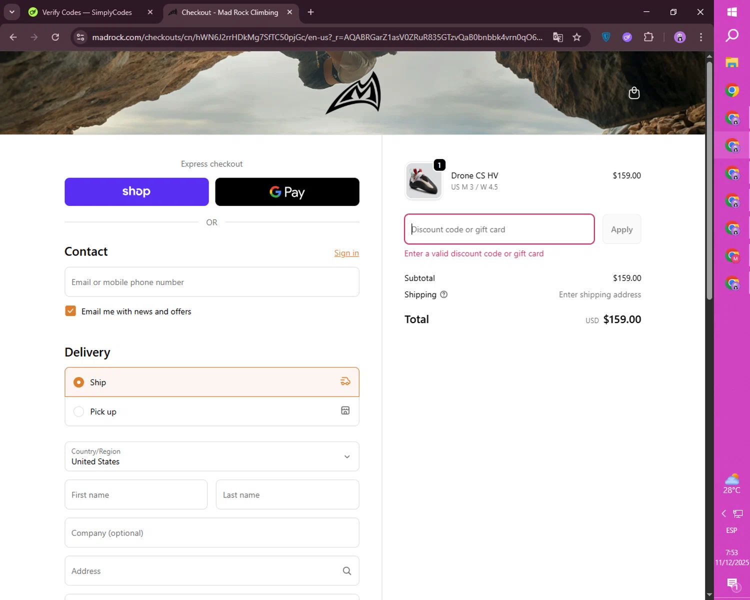 Mad Rock discount code screenshot showing code NUGGET applied at Mad Rock checkout page. Uploaded by SimplyCodes community member mileSalima on Dec 11, 2025