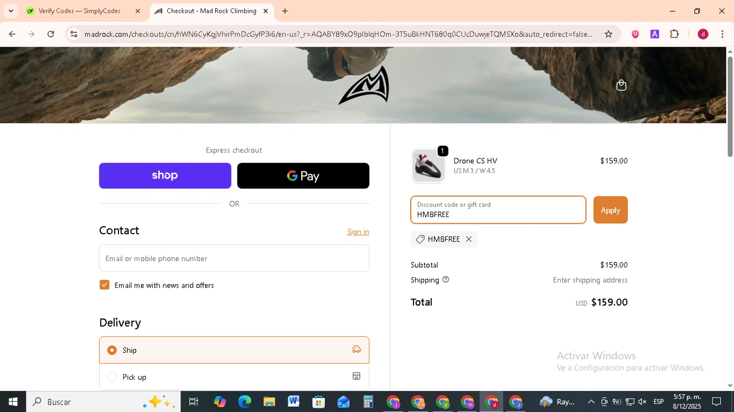 Mad Rock discount code screenshot showing code HMBFREE applied at Mad Rock checkout page. Uploaded by SimplyCodes community member FrugalMonarch7277 on Dec 8, 2025
