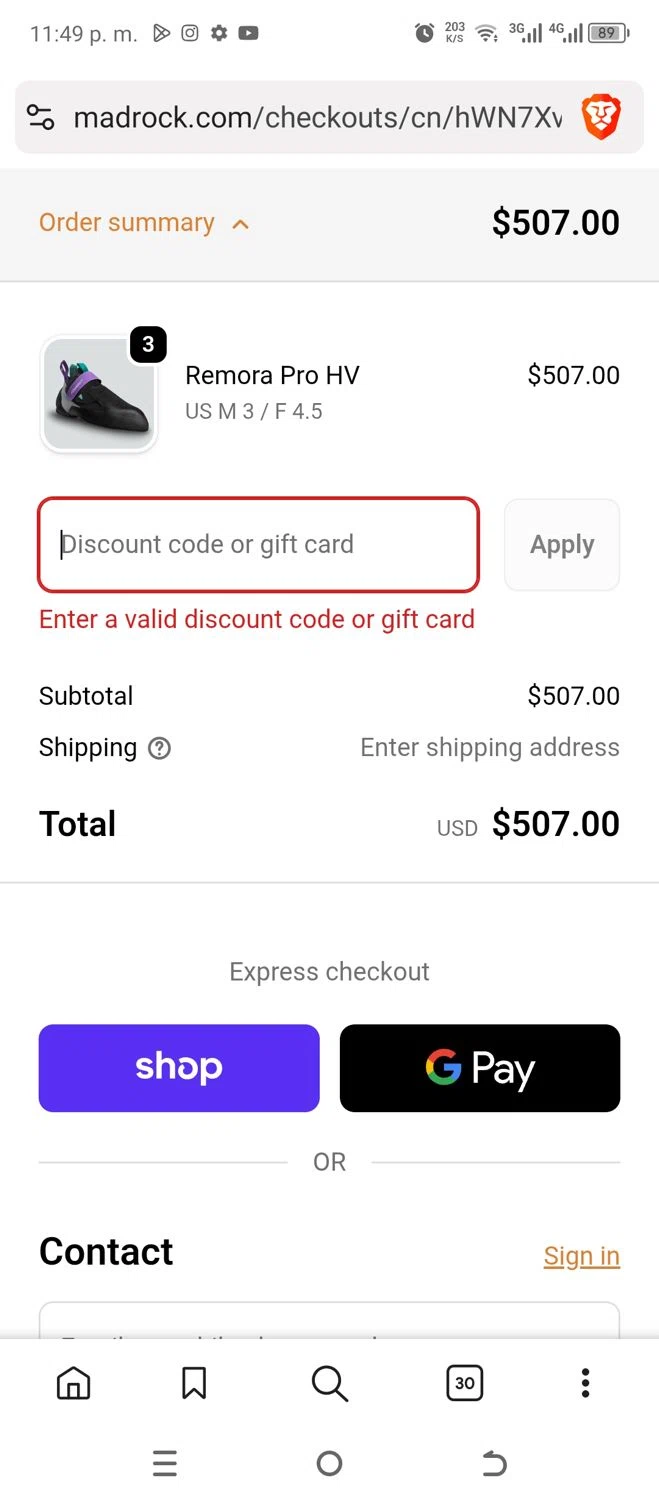 Mad Rock discount code screenshot showing code CHOSSTIN applied at Mad Rock checkout page. Uploaded by SimplyCodes community member MightySpotter1348 on Jan 13, 2026