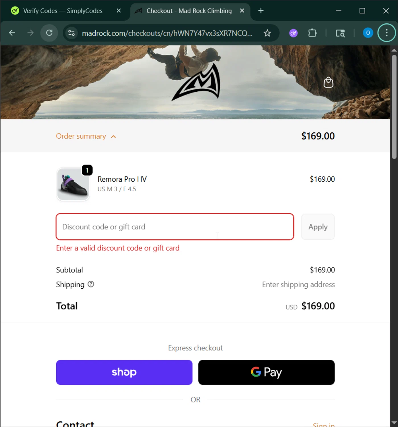 Mad Rock discount code screenshot showing code CHOSSTIN applied at Mad Rock checkout page. Uploaded by SimplyCodes community member RoyalSage9159 on Jan 13, 2026