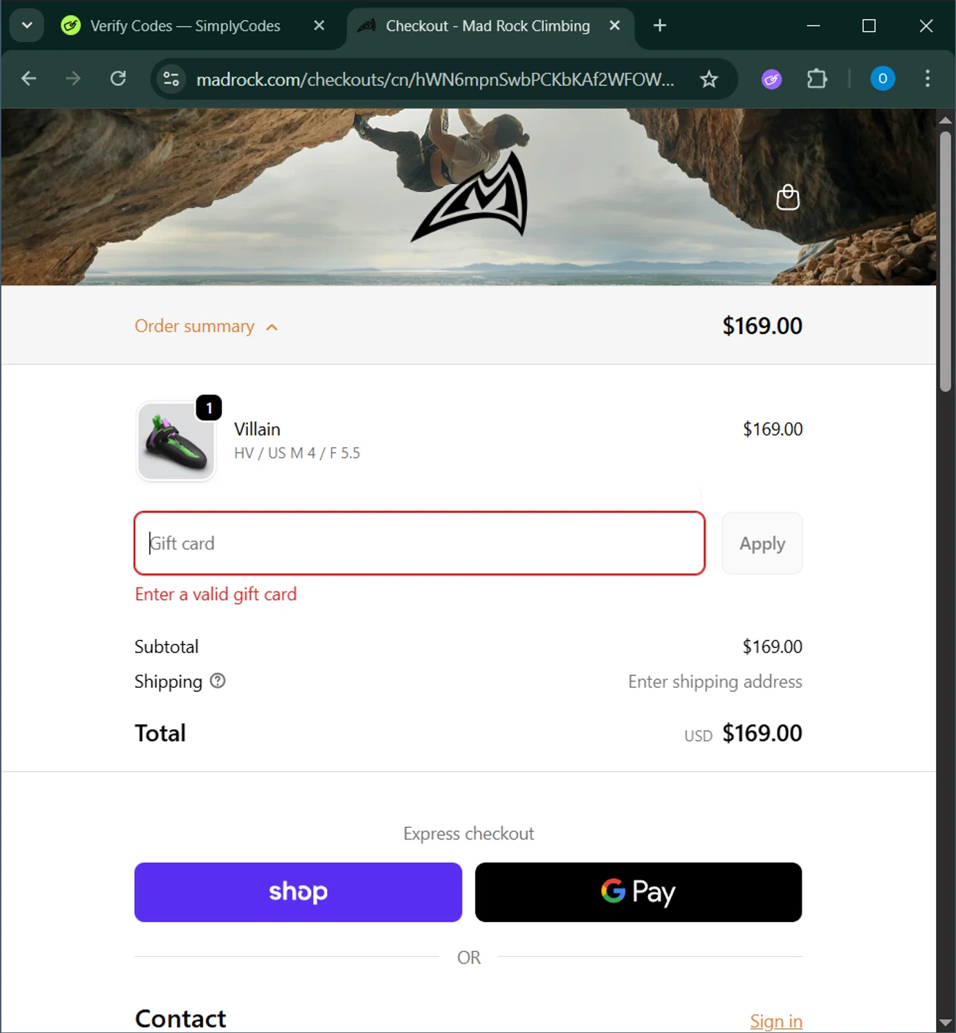 Mad Rock discount code screenshot showing code NOTREALCLIMBER applied at Mad Rock checkout page. Uploaded by SimplyCodes community member GoldAdmiral5202 on Dec 24, 2025