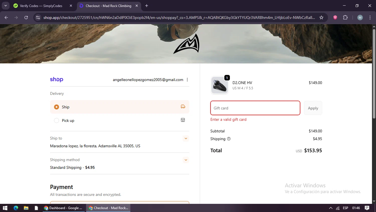Mad Rock discount code screenshot showing code NOTREALCLIMBER applied at Mad Rock checkout page. Uploaded by SimplyCodes community member maraxo on Dec 24, 2025