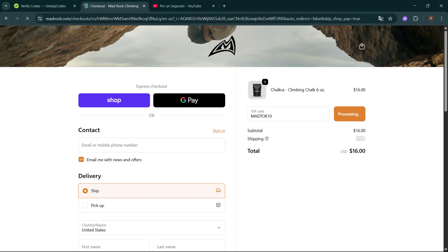 Mad Rock discount code screenshot showing code MADTOK10 applied at Mad Rock checkout page. Uploaded by SimplyCodes community member ShrewdPro2243 on Dec 24, 2025