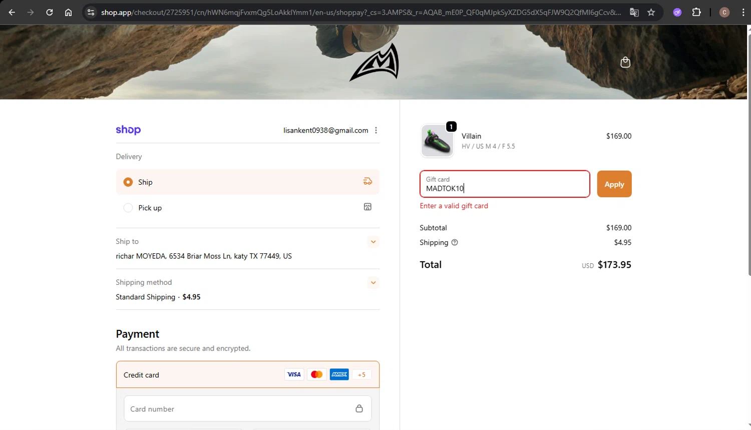 Mad Rock discount code screenshot showing code MADTOK10 applied at Mad Rock checkout page. Uploaded by SimplyCodes community member SwiftCaptain4127 on Dec 24, 2025