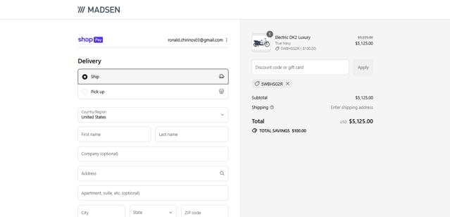 MADSEN Cycles checkout page showing MADSEN Cycles discount code box | Screenshot taken by SimplyCodes community member on Aug 3, 2025