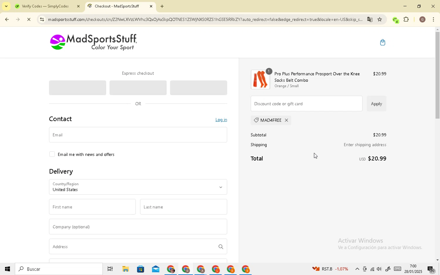 MadSportsStuff coupon code screenshot showing code MAD4FREE applied at MadSportsStuff checkout page. Uploaded by SimplyCodes community member 0000012354tdrfg on Jan 28, 2025