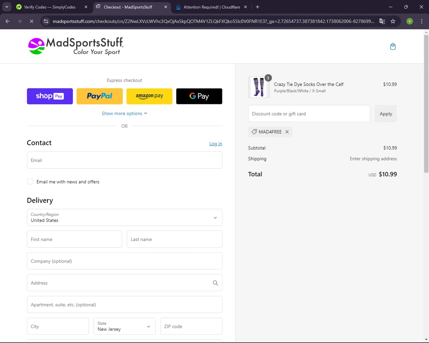 MadSportsStuff coupon code screenshot showing code MAD4FREE applied at MadSportsStuff checkout page. Uploaded by SimplyCodes community member CleverNavigator1236 on Jan 28, 2025
