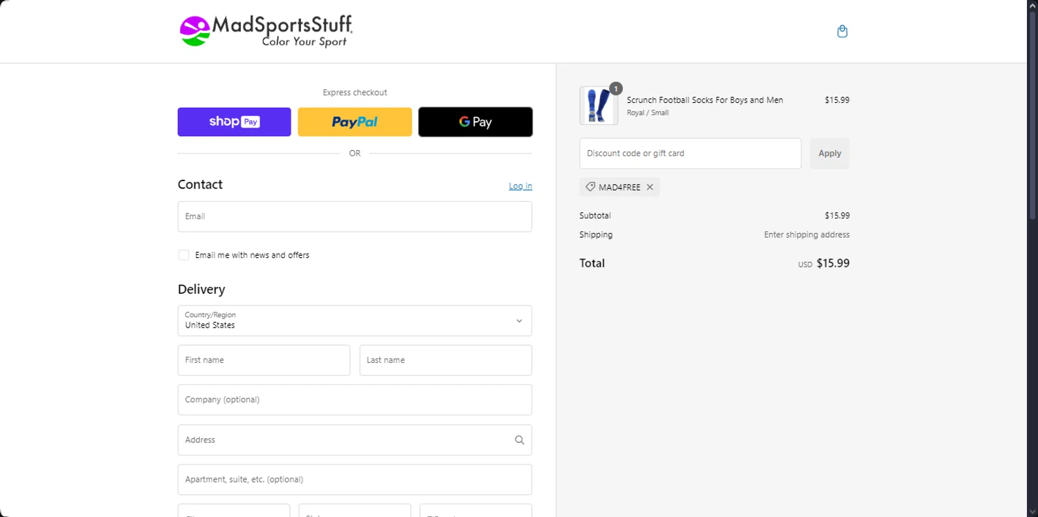 MadSportsStuff coupon code screenshot showing code MAD4FREE applied at MadSportsStuff checkout page. Uploaded by SimplyCodes community member the_loose_cannon on Jan 28, 2025