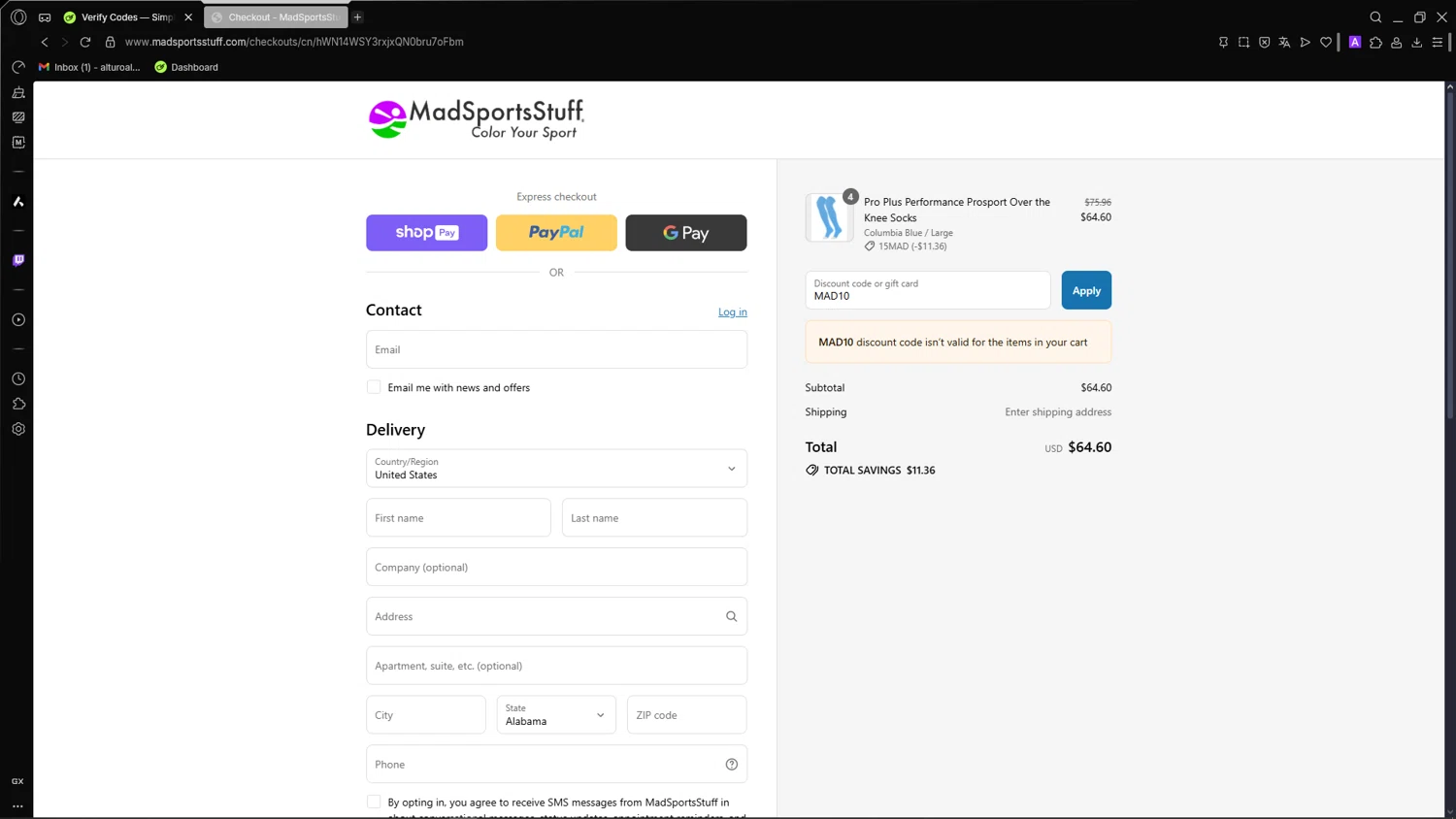 MadSportsStuff coupon code screenshot showing code MAD10 applied at MadSportsStuff checkout page. Uploaded by SimplyCodes community member CleverSage7079 on Jul 26, 2025