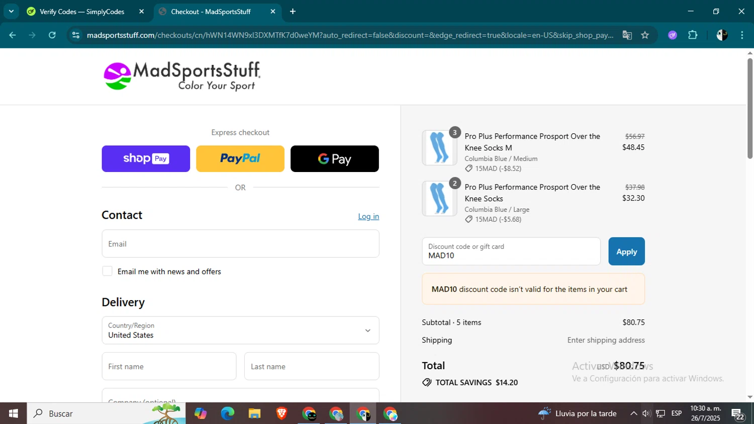 MadSportsStuff coupon code screenshot showing code MAD10 applied at MadSportsStuff checkout page. Uploaded by SimplyCodes community member CleverSage9163 on Jul 26, 2025
