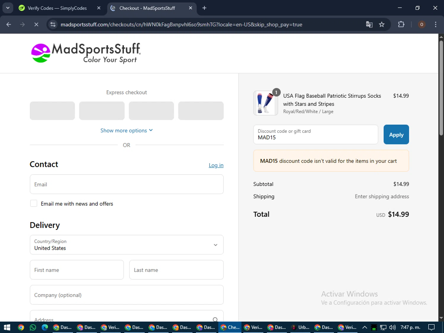 MadSportsStuff coupon code screenshot showing code MAD15 applied at MadSportsStuff checkout page. Uploaded by SimplyCodes community member Legendar on Jul 17, 2025
