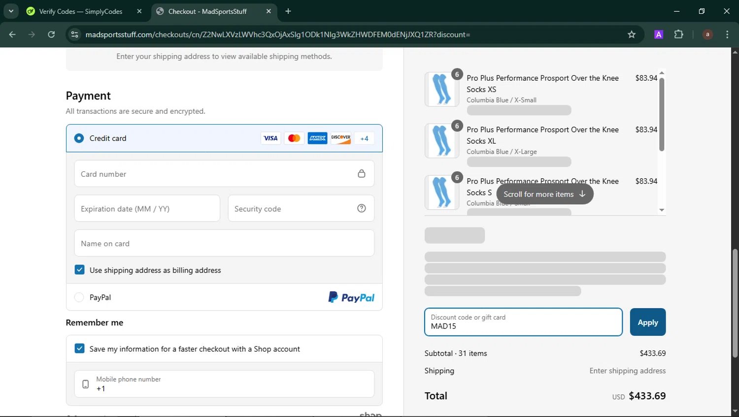 MadSportsStuff coupon code screenshot showing code MAD15 applied at MadSportsStuff checkout page. Uploaded by SimplyCodes community member b3stia_1 on Jun 7, 2025