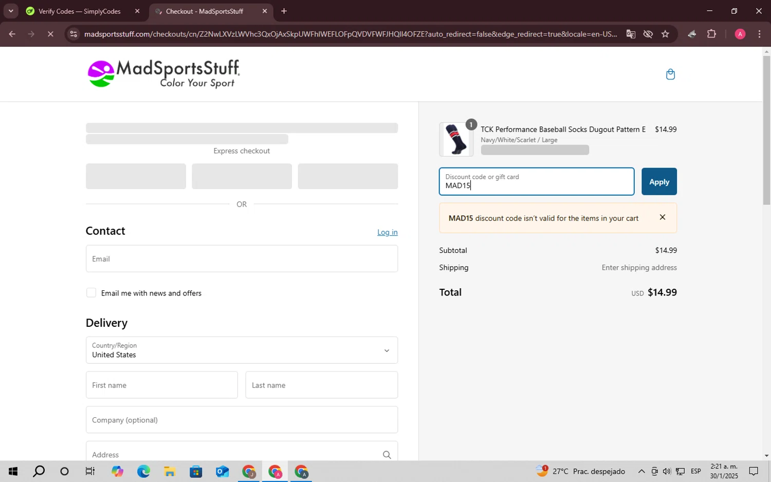 MadSportsStuff coupon code screenshot showing code MAD15 applied at MadSportsStuff checkout page. Uploaded by SimplyCodes community member SaleScholar6713 on Jan 30, 2025