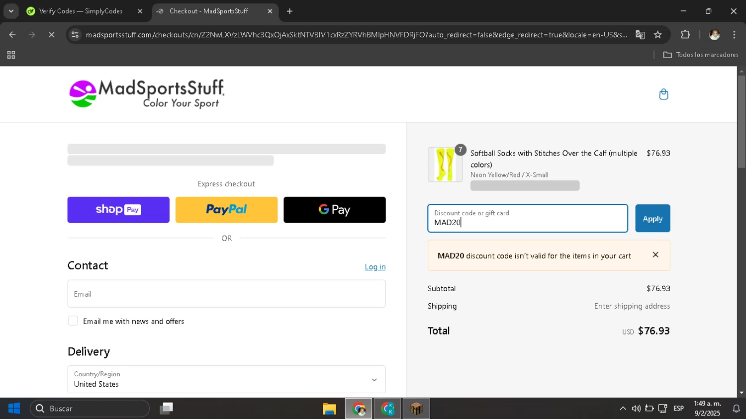 MadSportsStuff coupon code screenshot showing code MAD20 applied at MadSportsStuff checkout page. Uploaded by SimplyCodes community member SavingsMaven1223 on Feb 9, 2025