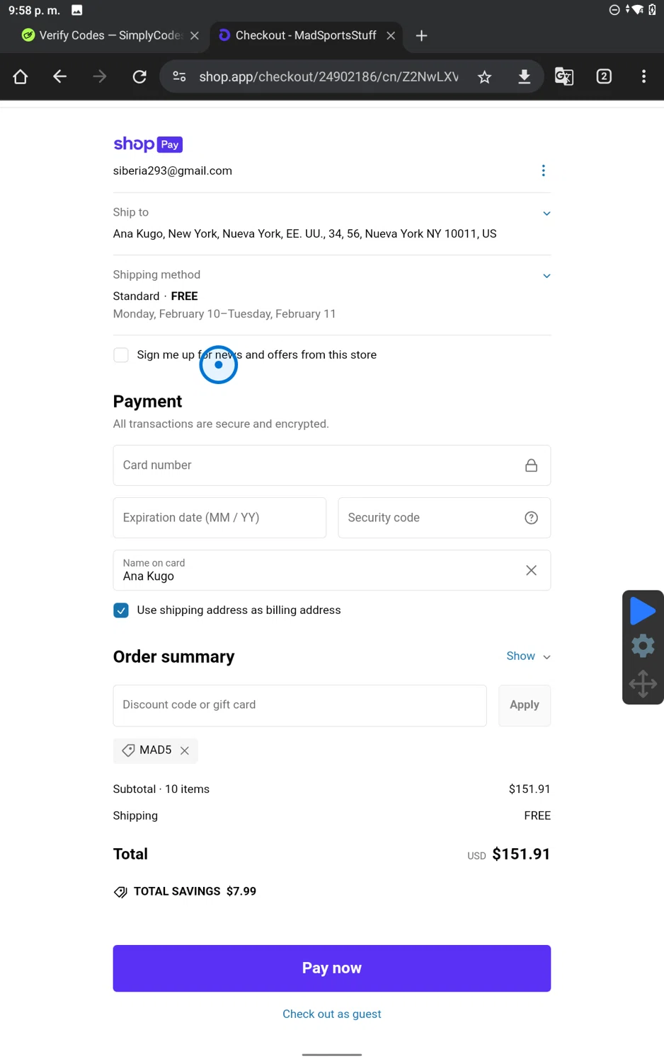 MadSportsStuff coupon code screenshot showing code MAD5 applied at MadSportsStuff checkout page. Uploaded by SimplyCodes community member SmartWhiz9028 on Feb 5, 2025