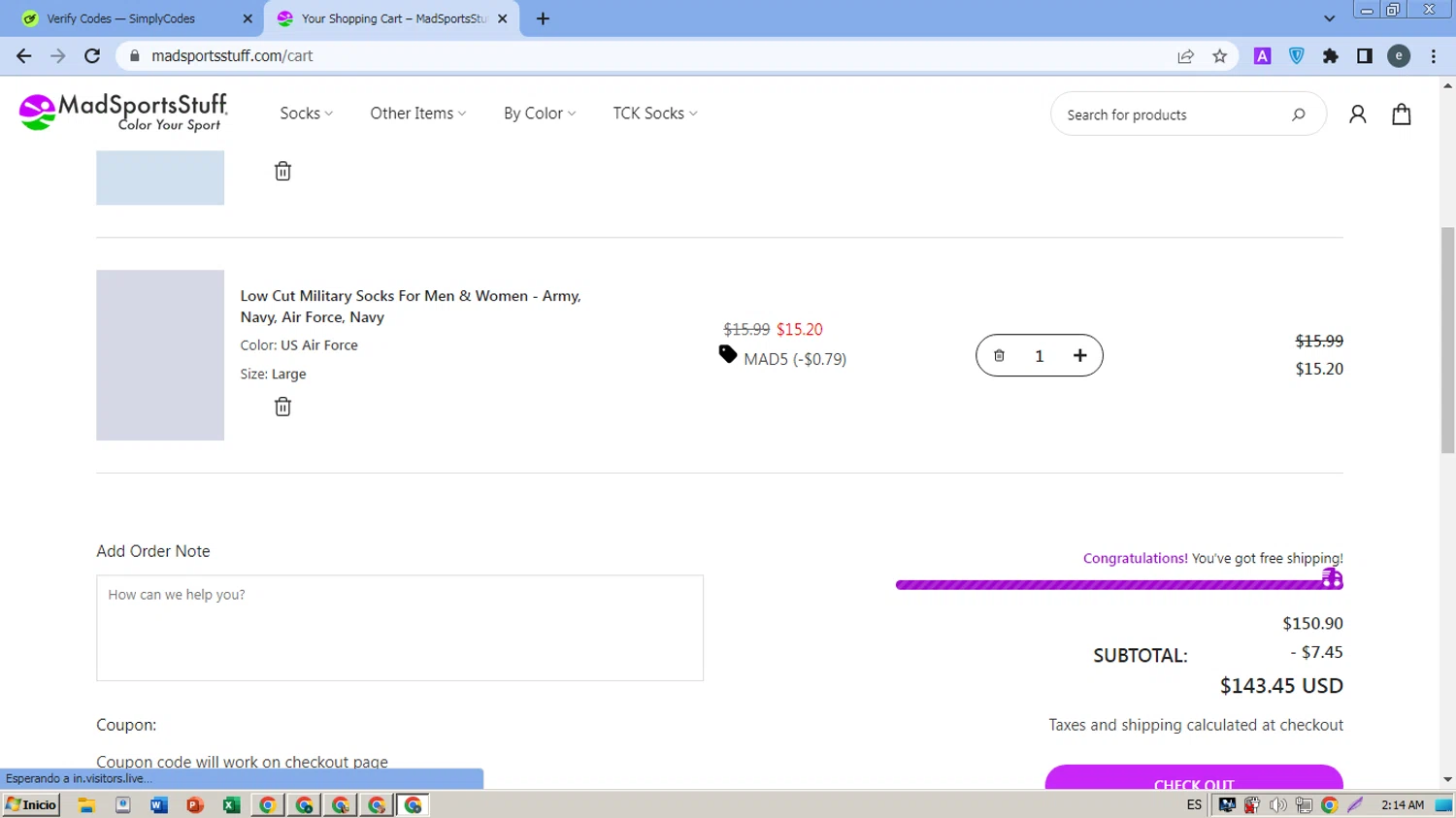 MadSportsStuff coupon code screenshot showing code MAD5 applied at MadSportsStuff checkout page. Uploaded by SimplyCodes community member MightyPro980 on May 2, 2025