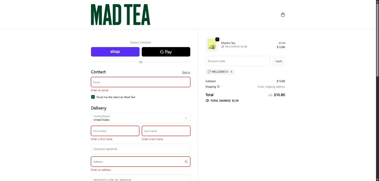 MAD TEA discount code screenshot showing code WELCOME10 applied at MAD TEA checkout page. Uploaded by SimplyCodes community member BargainCurator5453 on Dec 28, 2025