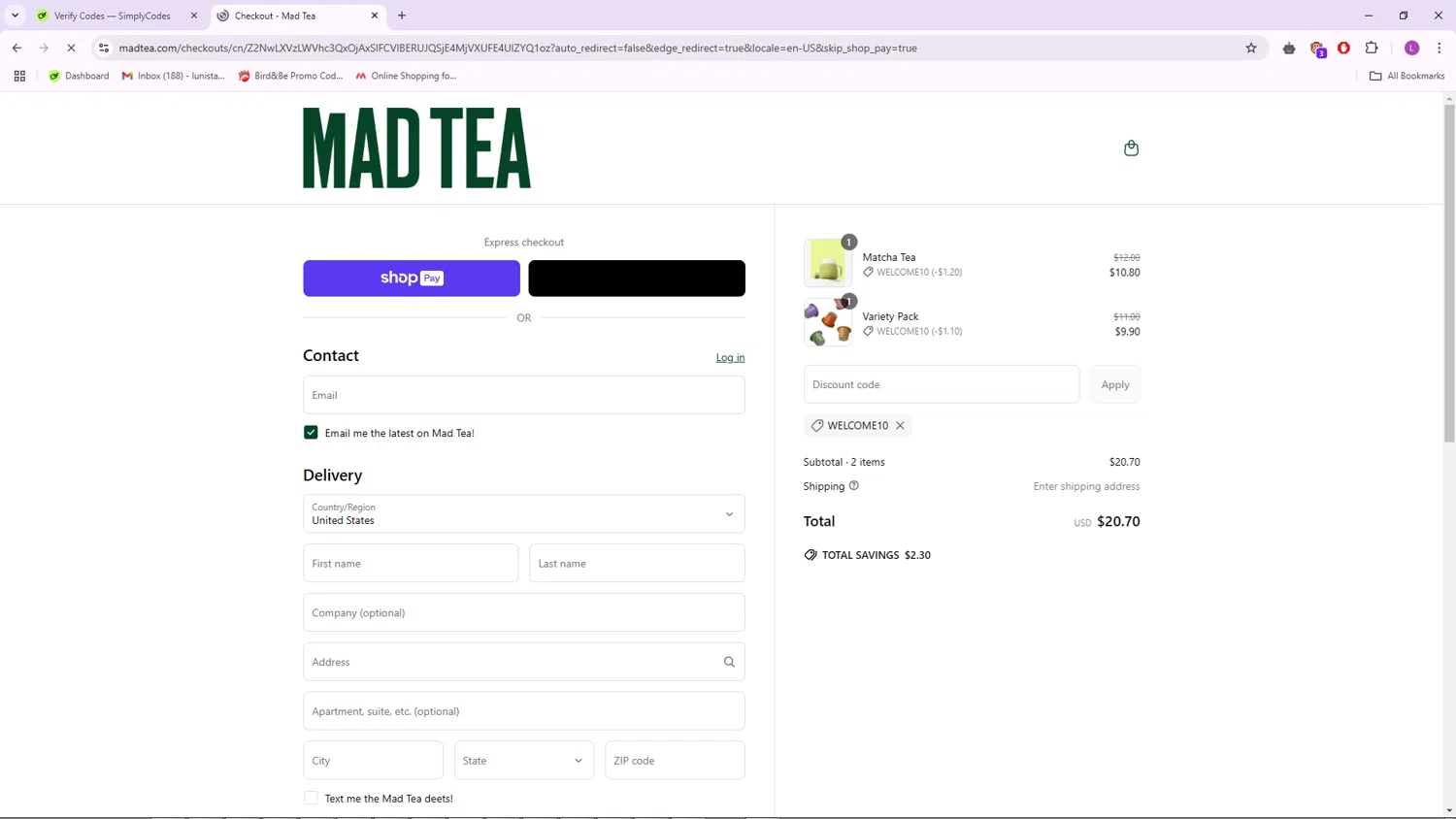 MAD TEA discount code screenshot showing code WELCOME10 applied at MAD TEA checkout page. Uploaded by SimplyCodes community member RoyalTracker568 on Mar 27, 2025
