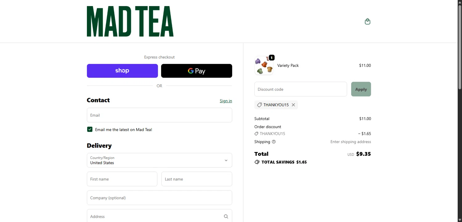 MAD TEA discount code screenshot showing code THANKYOU15 applied at MAD TEA checkout page. Uploaded by SimplyCodes community member Lorencia on Oct 27, 2025