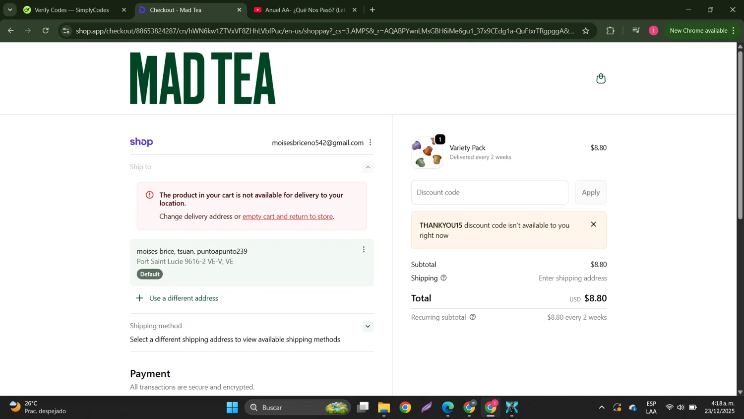 MAD TEA discount code screenshot showing code THANKYOU15 applied at MAD TEA checkout page. Uploaded by SimplyCodes community member MightyGuardian8404 on Dec 23, 2025