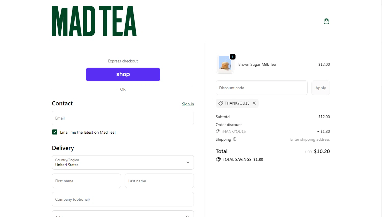 MAD TEA discount code screenshot showing code THANKYOU15 applied at MAD TEA checkout page. Uploaded by SimplyCodes community member oliveririarte on Dec 23, 2025