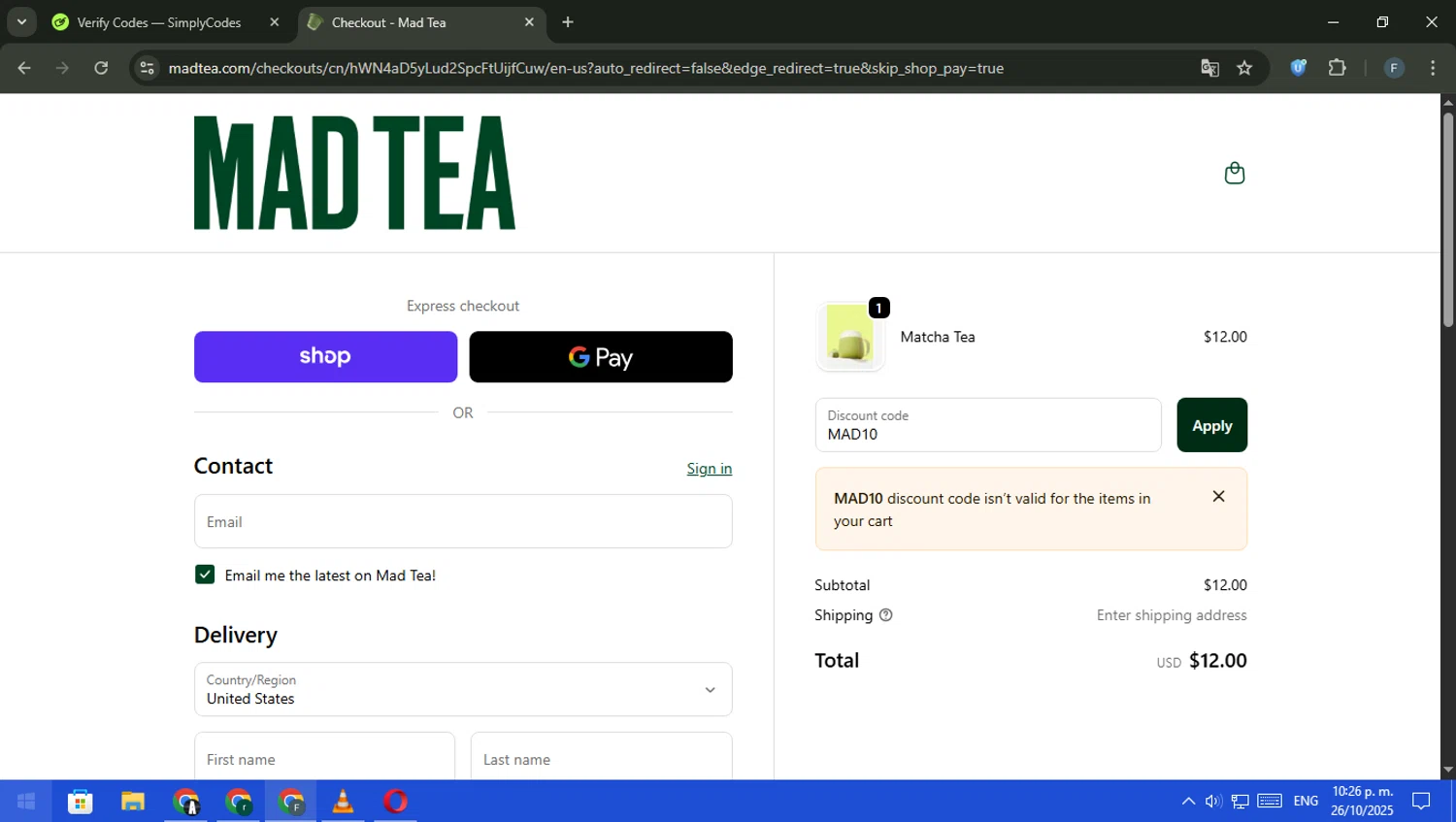 MAD TEA discount code screenshot showing code MAD10 applied at MAD TEA checkout page. Uploaded by SimplyCodes community member pajarito on Oct 27, 2025