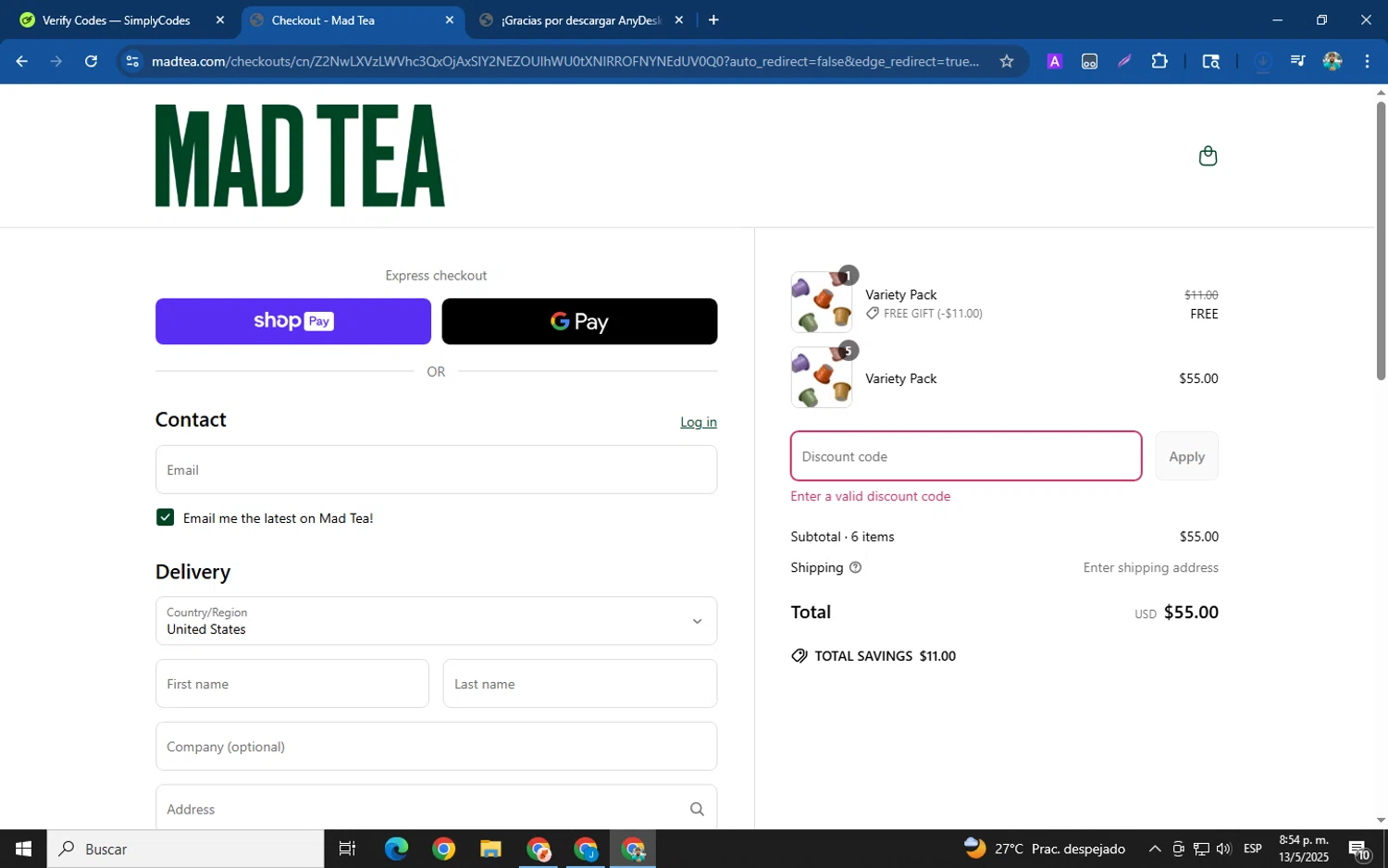 MAD TEA discount code screenshot showing code mt5 applied at MAD TEA checkout page. Uploaded by SimplyCodes community member XemoGOD on May 14, 2025