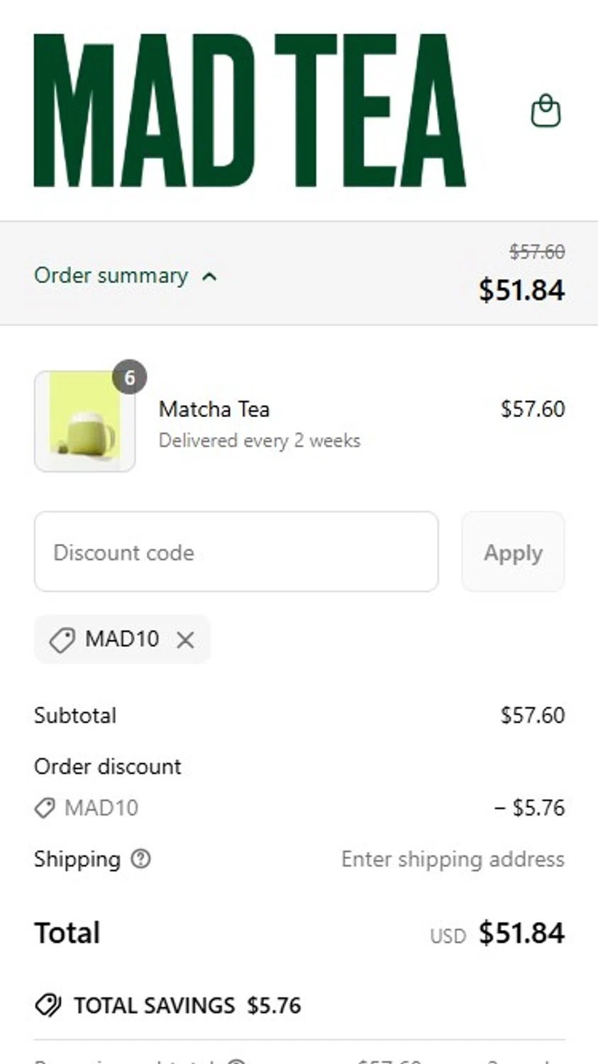 MAD TEA discount code screenshot showing code MAD10 applied at MAD TEA checkout page. Uploaded by SimplyCodes community member RonaldoM32 on May 13, 2025
